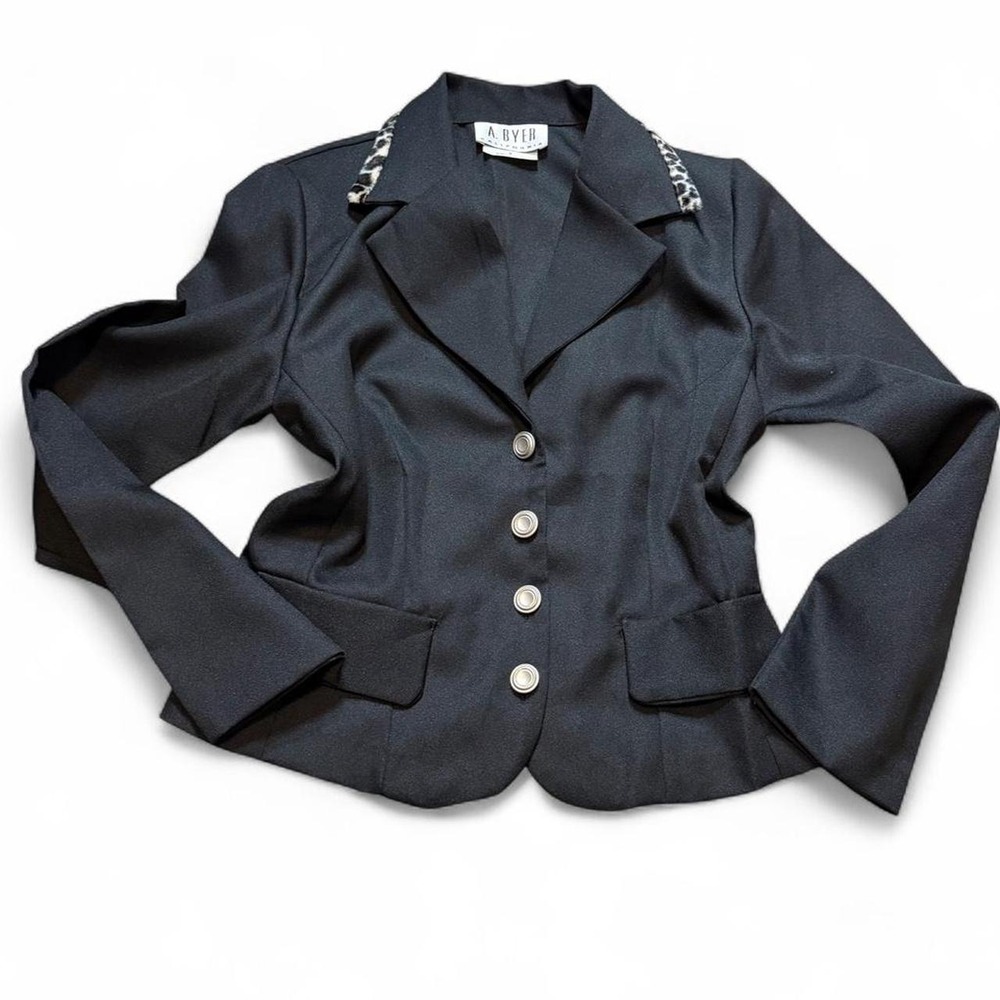 Vintage 90s Y2K A. Byer Black Cropped Leopard Trim Blazer, Size S